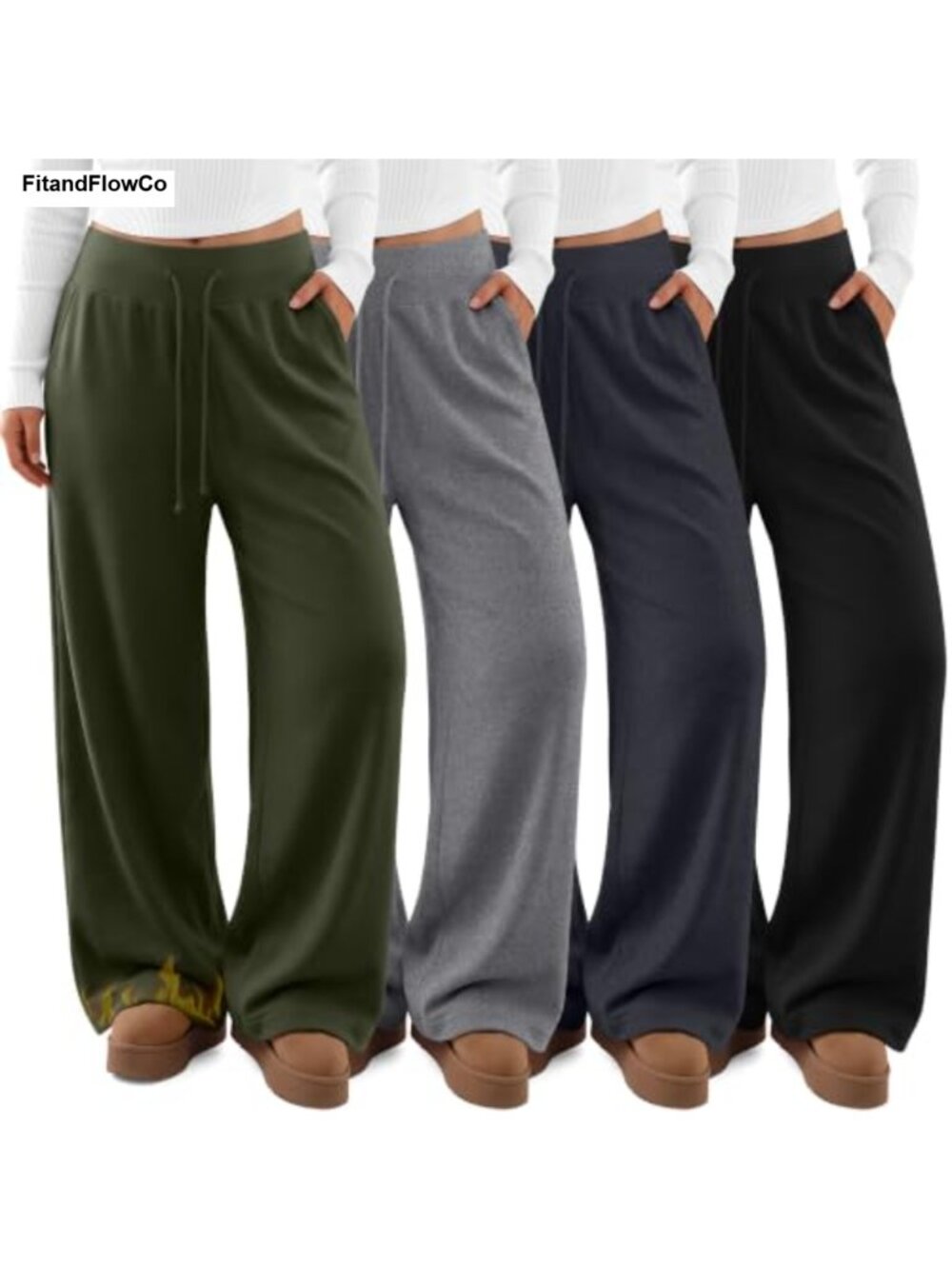 Fleece Lined Wide Leg Sweatpants High Waist Drawstring 4 Pack Winter